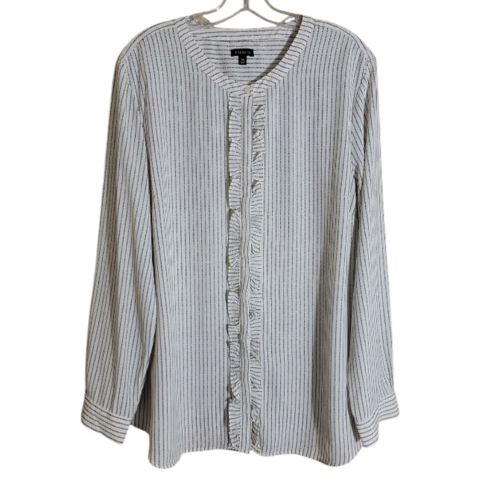 Talbots white black womens XL striped ruffle front button up blouse long sleeve